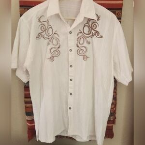 M65 MITOLI White Short Sleeve Button-Up Shirt w Brown South-Western Embroidery